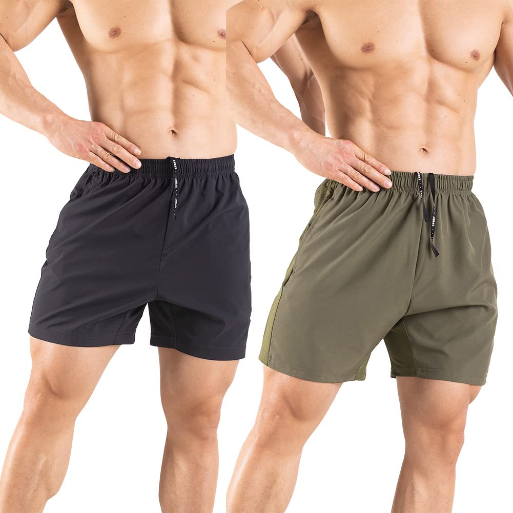 Gaglg Men's 5" Running Shorts 2 Pack Quick Dry Athletic Workout Gym Shorts with Zipper Pockets Black/Green,X-Large