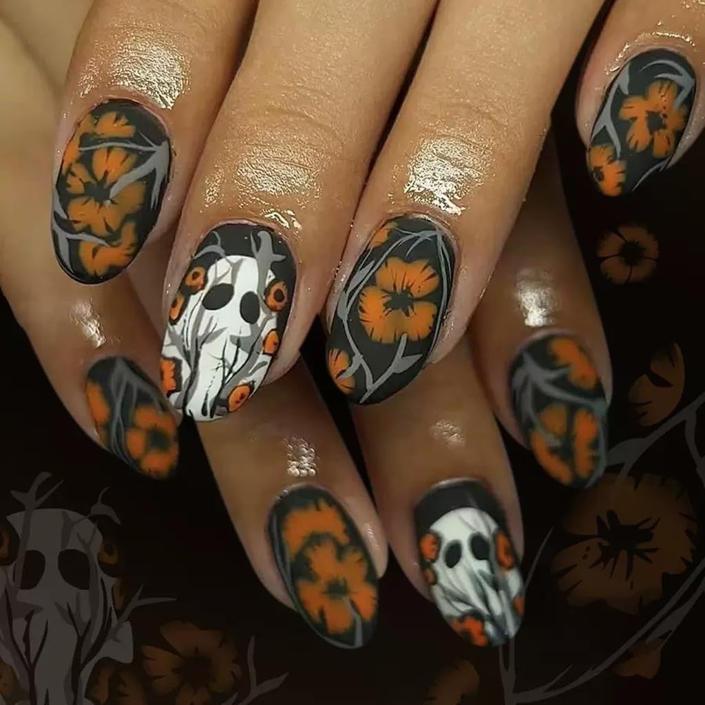 6 Packs (144 Pcs) Halloween Press on Nails Short Square, Almond Press on Nails, with Pumpkins Ghost Spider Web Design Stick on Fake Nails for Women - 12 Sizes, 6Styles