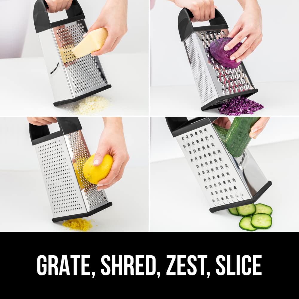 GORILLA GRIP XL 4-Sided Cheese Grater With Container, 100% BPA-Free Stainless Steel Box Graters, Parmesan Shredder, Grate Cheeses, Shred Veggies, Slip Resistant Handle, Dishwasher Safe Zester, Black