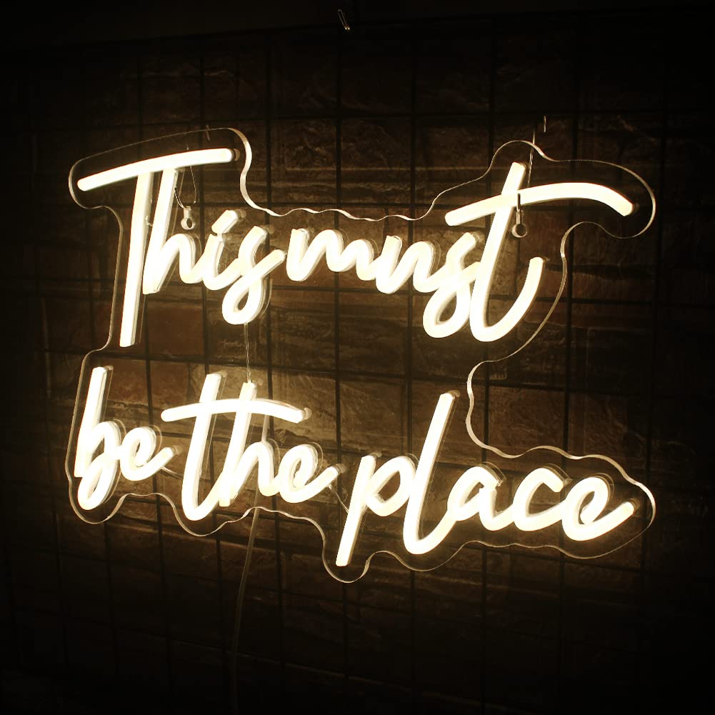 This Must Be The Place Neon Sign Warm White Letter Led Signs for Wall Decor Usb Word Light Up Signs for Bedroom Salon Man Cave Beer Home Bar Wedding Birthday Party Decor Gifts