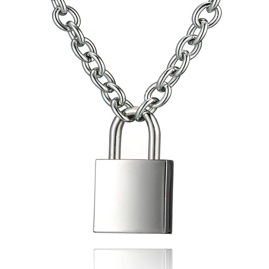 DIBOLA Padlock Necklace Stainless Steel Lock Chain for Men Women Silver 18 inch