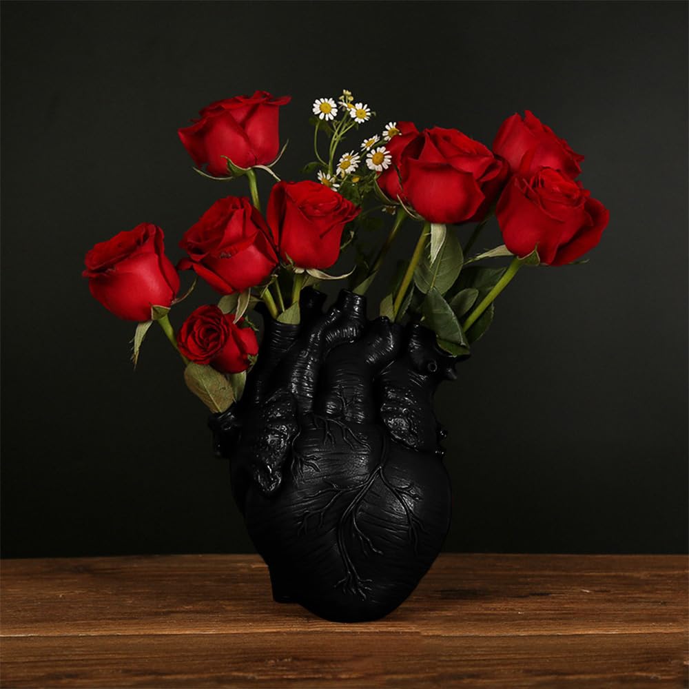 Human Heart Organ Shape Vase Creepy Halloween Home Desk Flowers Pot Decor, Medium Size 6.2" x 4.2", Black