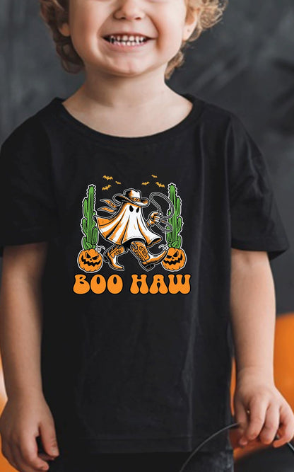 Kids Toddler Little Boys Halloween T-Shirt Western Cowboy Boo Haw Ghost Short Sleeve Top(Black Boo Haw,2-3T)
