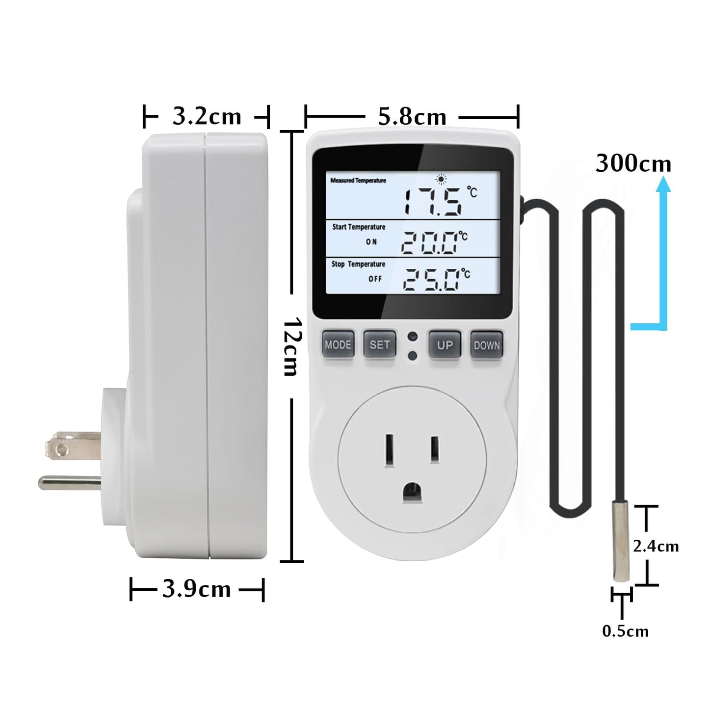 KETOTEK Digital Temperature Controller Thermostat Outlet Plug 120V with LCD Backlight, Heating Cooling Temperature Controlled Outlet 110V 15A with 3m Sensor