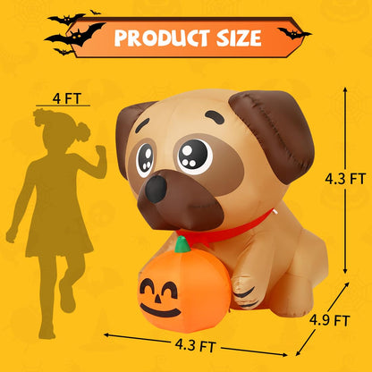 COMIN 5 FT Halloween Inflatables Dog Outdoor Yard Decorations Blow Up Pug Holding Pumpkin with Built-in LEDs for Indoor Party Garden Lawn Decor
