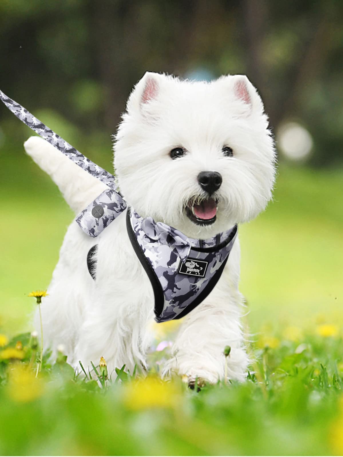 Dog Harness and Leash Set for Small Dogs, Adjustable Reflective No Pull Dog Vest Harness for Puppy with Bow-tie Collar, Leash and Poop Bag (M, Grey Camouflage)