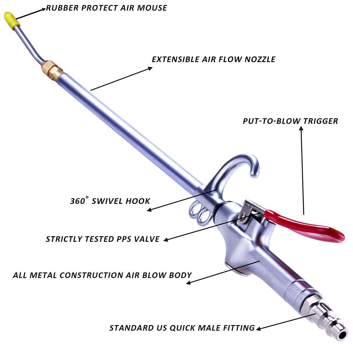 High Volume Powerful Industrial Air Blow Gun, 17-26 Inch Extensible Stainless Steel Air Flow Nozzle, Pneumatic Air Compressor Accessories Tool, Extended Dust Air Blower Gun with 360 Degree Swivel Hook