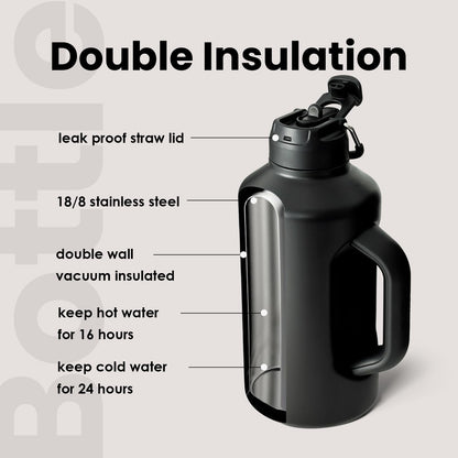 BOTTLE BOTTLE Insulated Water Bottle 64 oz with Straw and Dual-use Lid Half Gallon Jug for Men with Handle Vacuum Stainless Steel water bottle for Workout and Sports black