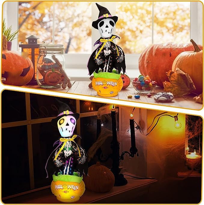 Emoin Halloween Skeleton Dancing Cactus Mimicking Toy, Talking Skull Cactus Toy Repeats What You Say,Singing Glowing Halloween Indoor&Outdoor Decorations
