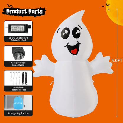 GOOSH 5 FT Halloween Inflatable Ghost Outdoor Decoration with Magic Light, Blow Up Yard Decoration with Built-in LEDs for Garden Lawn Indoor Party Holiday Decor