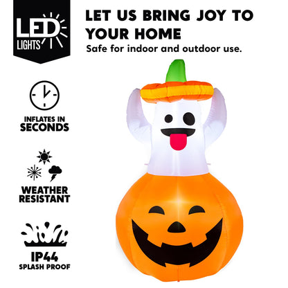 Joiedomi 5 FT Halloween Inflatable Ghost Outdoor Decorations, Blow Up Yard Decorations in Pumpkin, Blow Up Ghost Inflatable with LEDs for Cute Halloween Decor