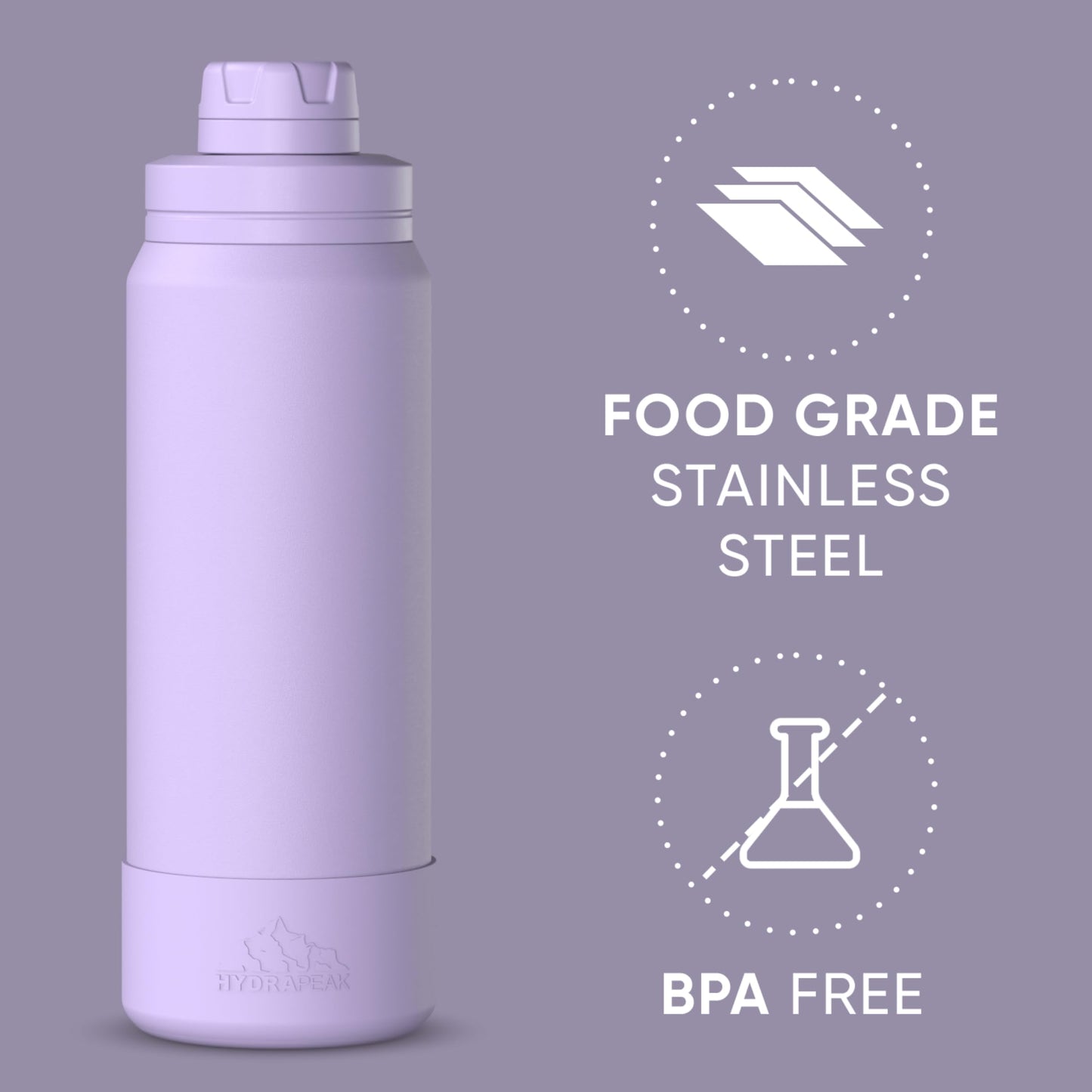 Hydrapeak 26oz Sport Insulated Water Bottle with Chug Lid, Leak & Spill Proof, Keeps Drinks Cold for 24 Hours, Hot for 12 Hours, Premium Stainless Steel Water Bottles (26oz, Lavender)