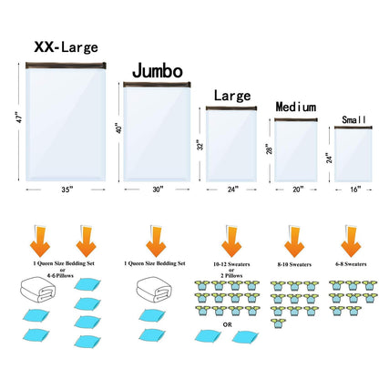 12 Pack Vacuum Storage Bags (3 Jumbo, 3 Large, 3 Medium, 3 Small),Plastic Packaging Bags,Space Saver Sealer Compression Bags with Travel Hand Pump for Blankets, Comforters, Pillows, Clothes Storage