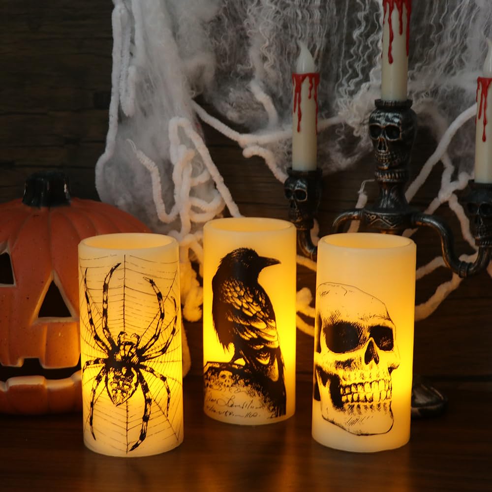 Eldnacele Halloween LED Flameless Flickering Candles Battery Operated with 6H Timer Skull Spider Web Crow Raven Spooky Decals Halloween Themed Indoor Decoration(3 Pack, D3 x H6)
