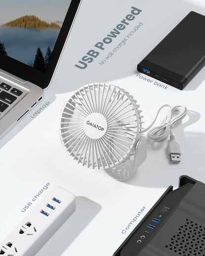 Gaiatop USB Desk Fan, 3 Speeds Strong Airflow, 5.5 Inch Portable 90° Rotate Quiet Cooling, Small Personal Table Fans for Bedroom Home Office Travel White