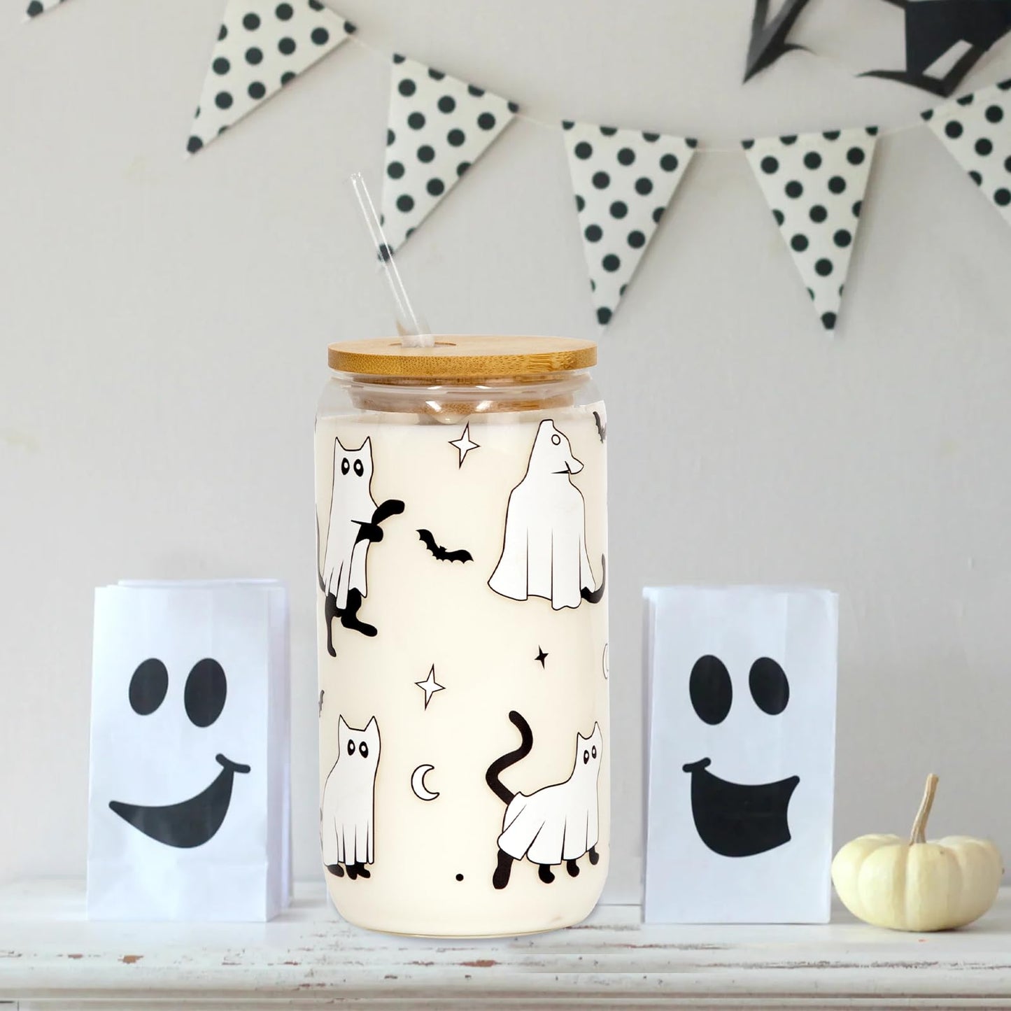 Joyseller Halloween Glass Cup, 18oz Cute Ghost Cat Iced Coffee Can Glass Tumbler with Lid and Straw, Halloween Spooky Gifts for Her Him