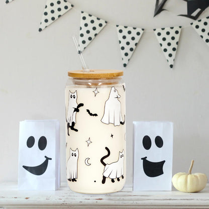 Joyseller Halloween Glass Cup, 18oz Cute Ghost Cat Iced Coffee Can Glass Tumbler with Lid and Straw, Halloween Spooky Gifts for Her Him