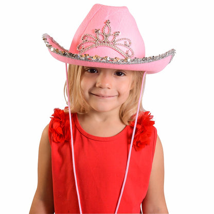 Funny Party Hats - Pink Cowgirl Hat With Blinking Tiara - Childrens Party Hat - Girls Cowboy Hat - Rodeo Princess - Texas Rancher Style - Halloween & Birthday Fun