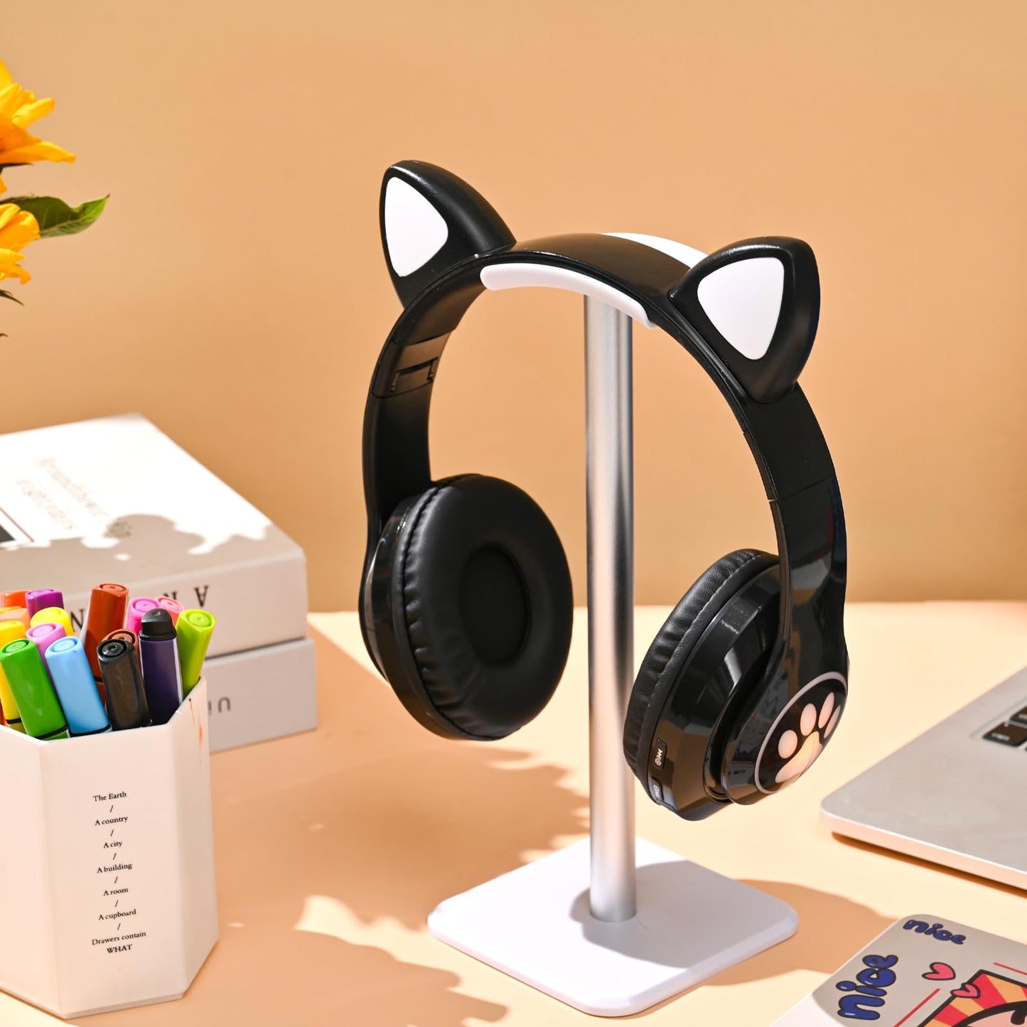 KERHAND Bluetooth Noise Cancelling Headphones for Kids,Foldable Cat Headphone with LED Light Up Ear,Cat Ear Headphones for Toddler with Microphone/TF Card,Kids Bluetooth Headphones for ipad