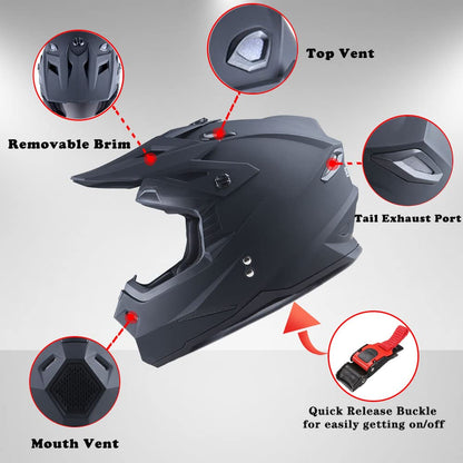 1Storm Adult Motocross Helmet BMX MX ATV Dirt Bike Four Wheeler Quad Motorcycle Full Face Helmet Racing Style: HF801 Matt Black