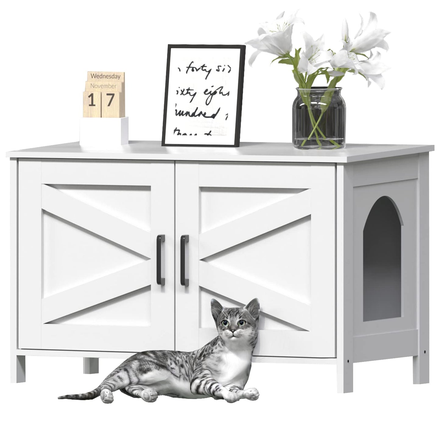 Homhedy Cat Litter Box Enclosure, Wooden Cat Washroom Furniture with Barn Door, Pet House, Fit Most of Litter Box, White