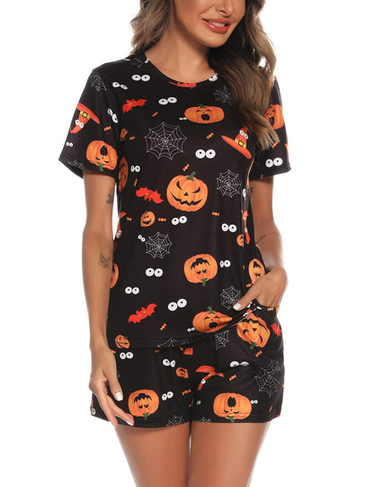 EISHOPEER Women's Halloween Pajamas Cute Print Tee and Shorts Sleepwear Pjs Sets Sleepwear Black M