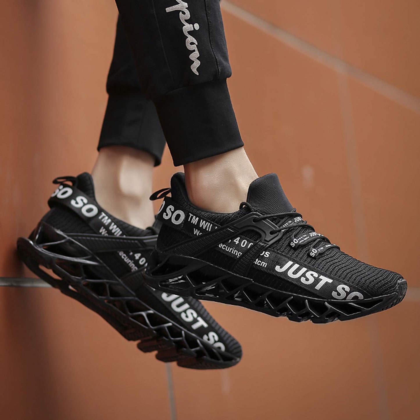 JSLEAP Men Running Shoes Walking Athletic for Men Casual Slip Fashion Sports Outdoor Shoes Black White,US 6.5