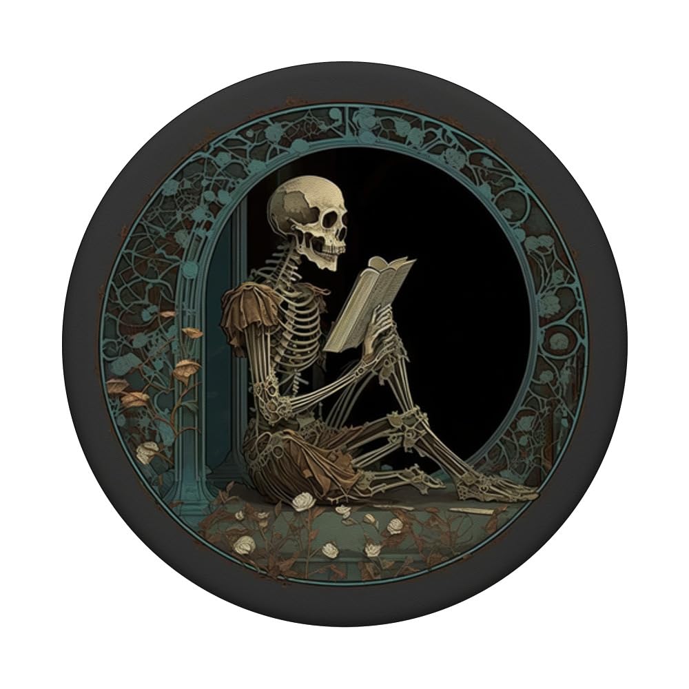 Cute & Creepy Book Lover Goth Skull Design Co Librarian Skeleton Gothic Goth Book Reading Lover PopSocket Adhesive PopGrip for Smartphones with Smooth, Hard, Plastic Cases - Black