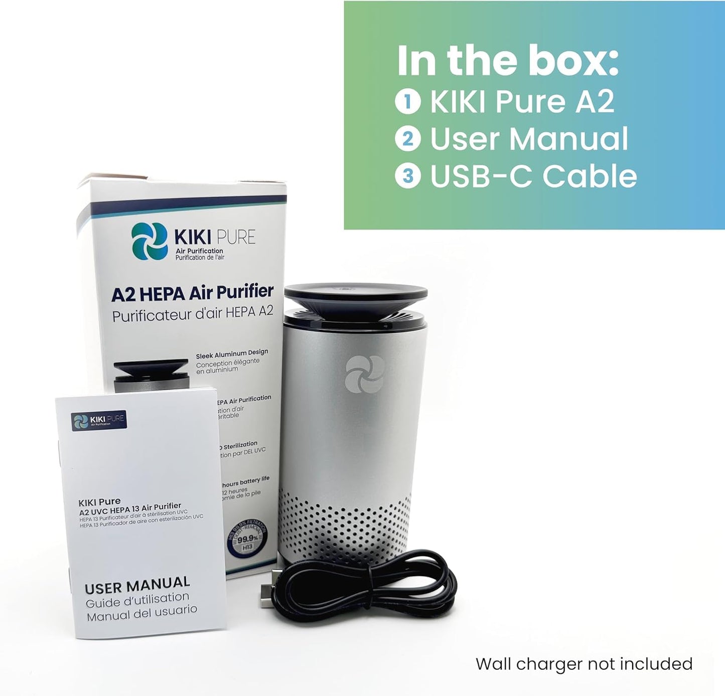 KIKI PURE A2 UV & HEPA Portable Air Purifier -5.6 in tall, 11 oz. Ideal for Travel, In-Car, Mini Air Purifier, SILVER.