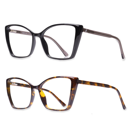 JFXQDR 2 Pack Women's Blue Light Blocking Glasses, Trendy Cat Eye Computer Gaming Glasses Anti Eyestrain & UV Glare RF6204 (Black + Coco Tortoise Cateye Frame)