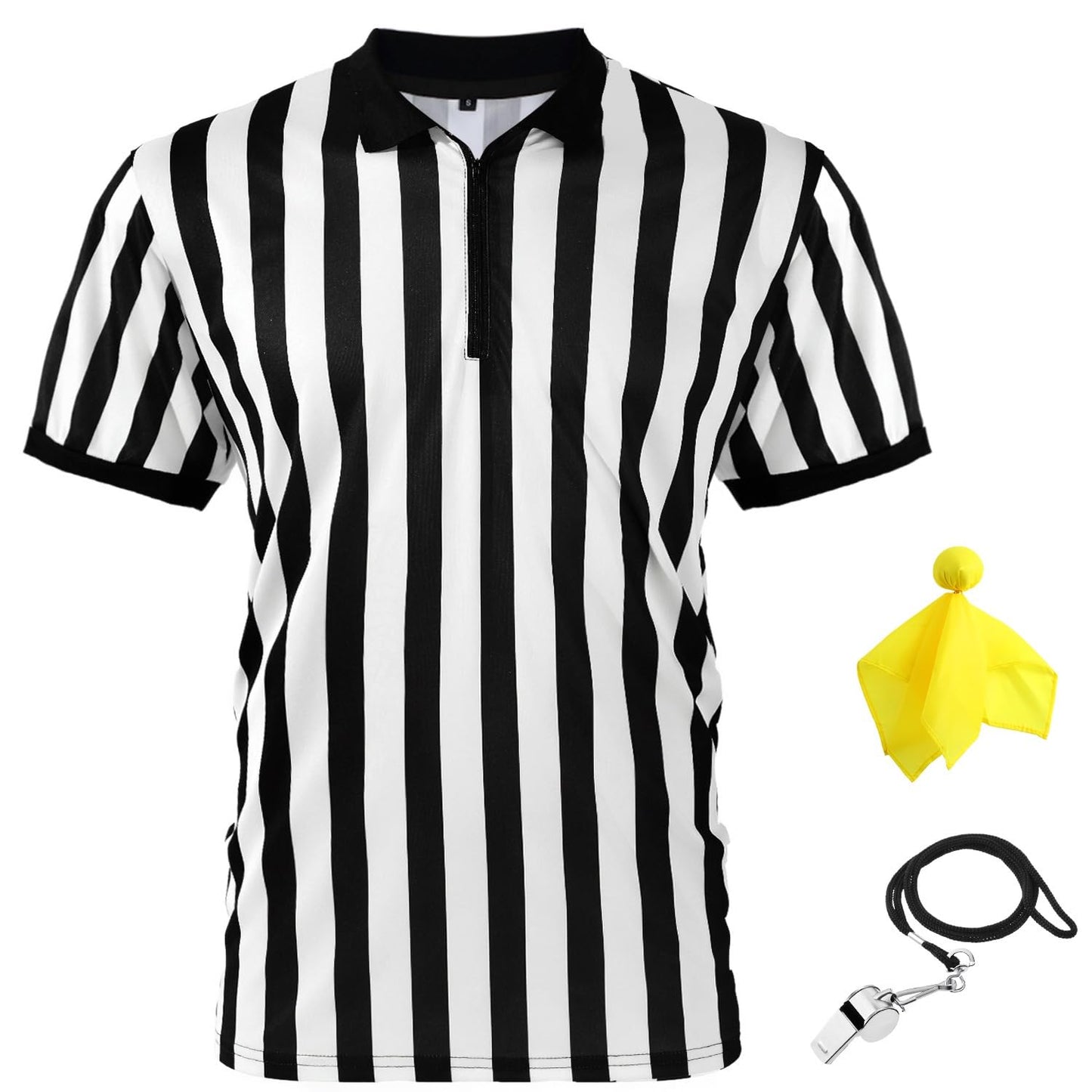Syhood Men's Referee Shirt Stripe Umpire Jersey, Penalty Flag and Whistle for Football Soccer Sports and Halloween Cosplay(X-Large)