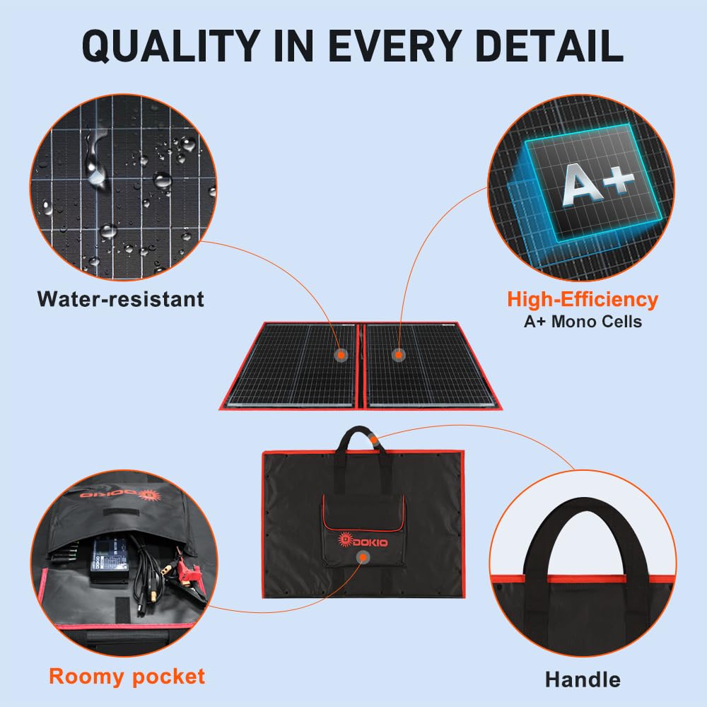 DOKIO 100W Portable Foldable Solar Panel Kit (21x28in, 5.9lb), with Separate Controller and Dual USB, Monocrystalline Charger for 12V Batteries & Power Stations, RV Camping Trailer Emergency Backup