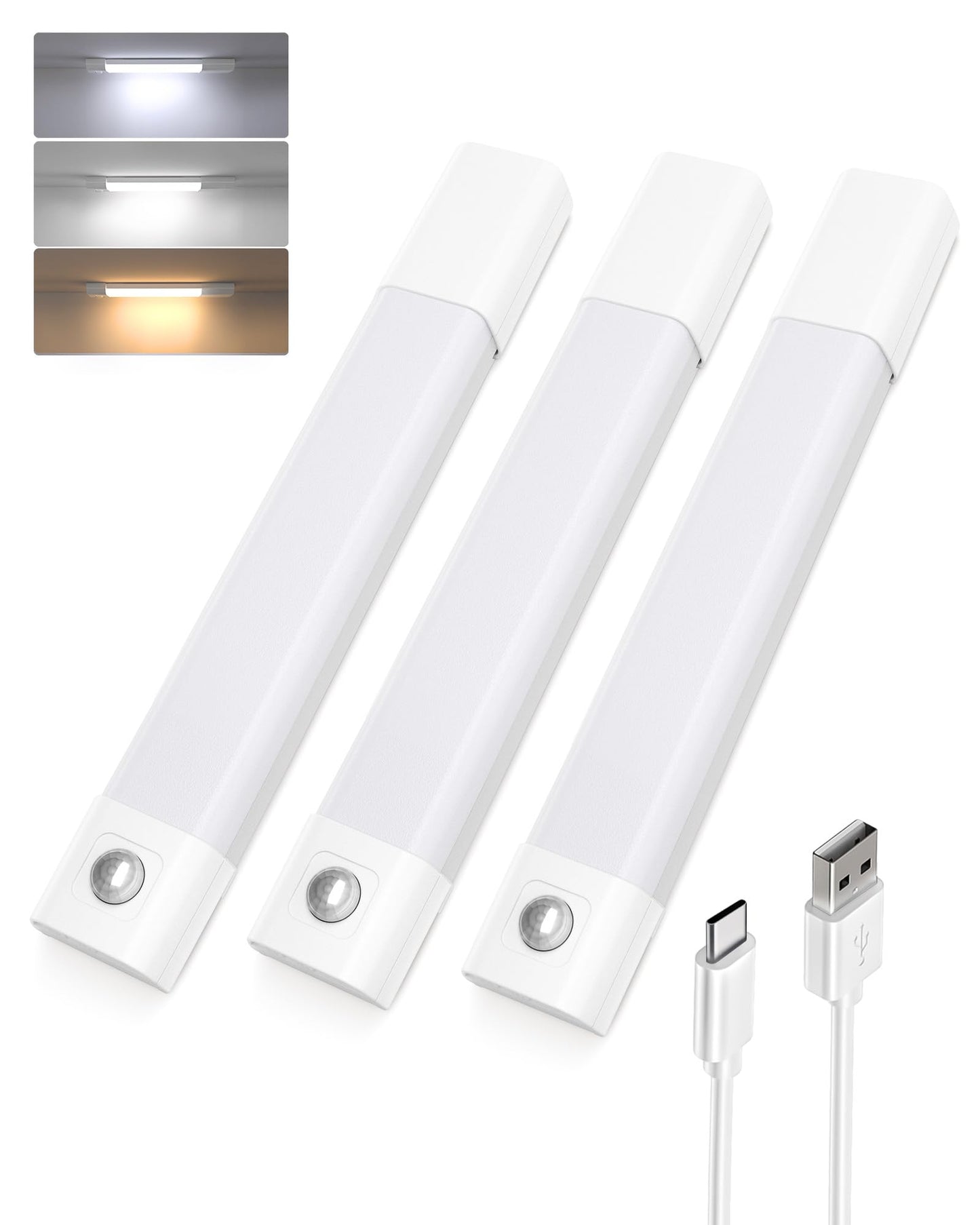 Closet Lights, 30 LED Rechargeable Under Cabinet Lighting Wireless, 3 Color Temps Under Cabinet Lights, Dimmer Motion Sensor Light Indoor for Pantry, Kitchen, Bedroom, Woadrobe (3 Pcs)