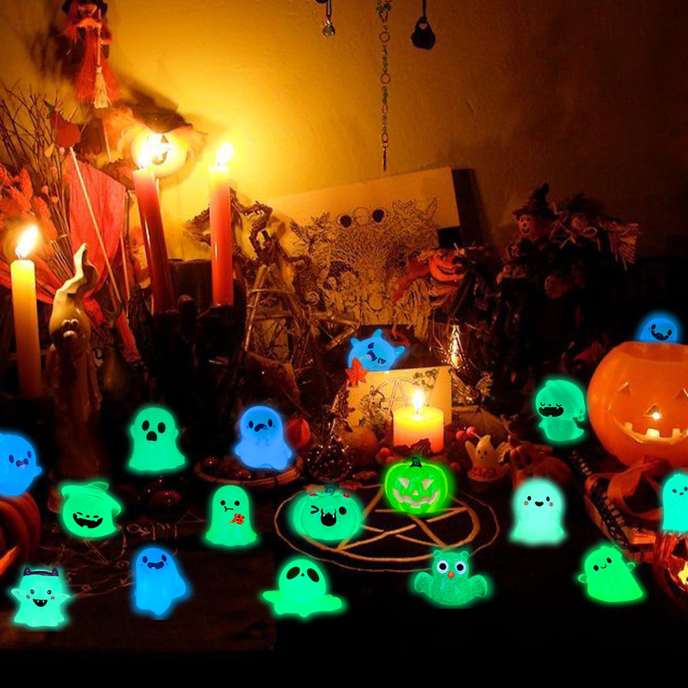 DIYDEC 32PCS Halloween Luminous Mini Figures - 32 Styles Glow in The Dark Tiny Resin Miniatures - Pumpkin Skull for Party Favors, Bag Fillers, Garden, Dollhouse Decor