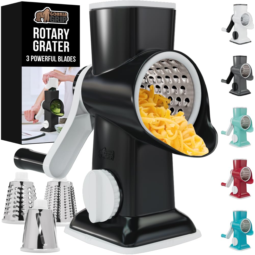 GORILLA GRIP Slip-Resistant Rotary Cheese Grater with 3 Interchangeable Blades to Shred Slice and Grate, Hand Crank Vegetable Chopper Mandolin, Slicer for Veggie Onion, Home and Kitchen Gadgets, White