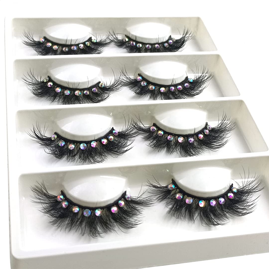 False Eyelashes with Glitter Rhinestones On, Bling Lashes 2023 Sparkle Full Strip Mink Eyelash 4 Pairs… (AF08bling)