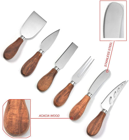 JLIAN MIOR Exquisite 6-Piece Cheese Knives Set, Stainless Steel Cheese Knife Set Collection (Acacia Wood Handle)