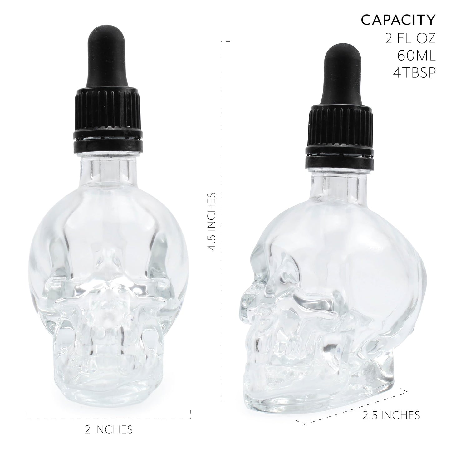 Cornucopia Skull Glass Dropper Bottles (2-Pack, 2oz, Clear); Bitter Flavor Tattoo and Beard Oil Dispenser