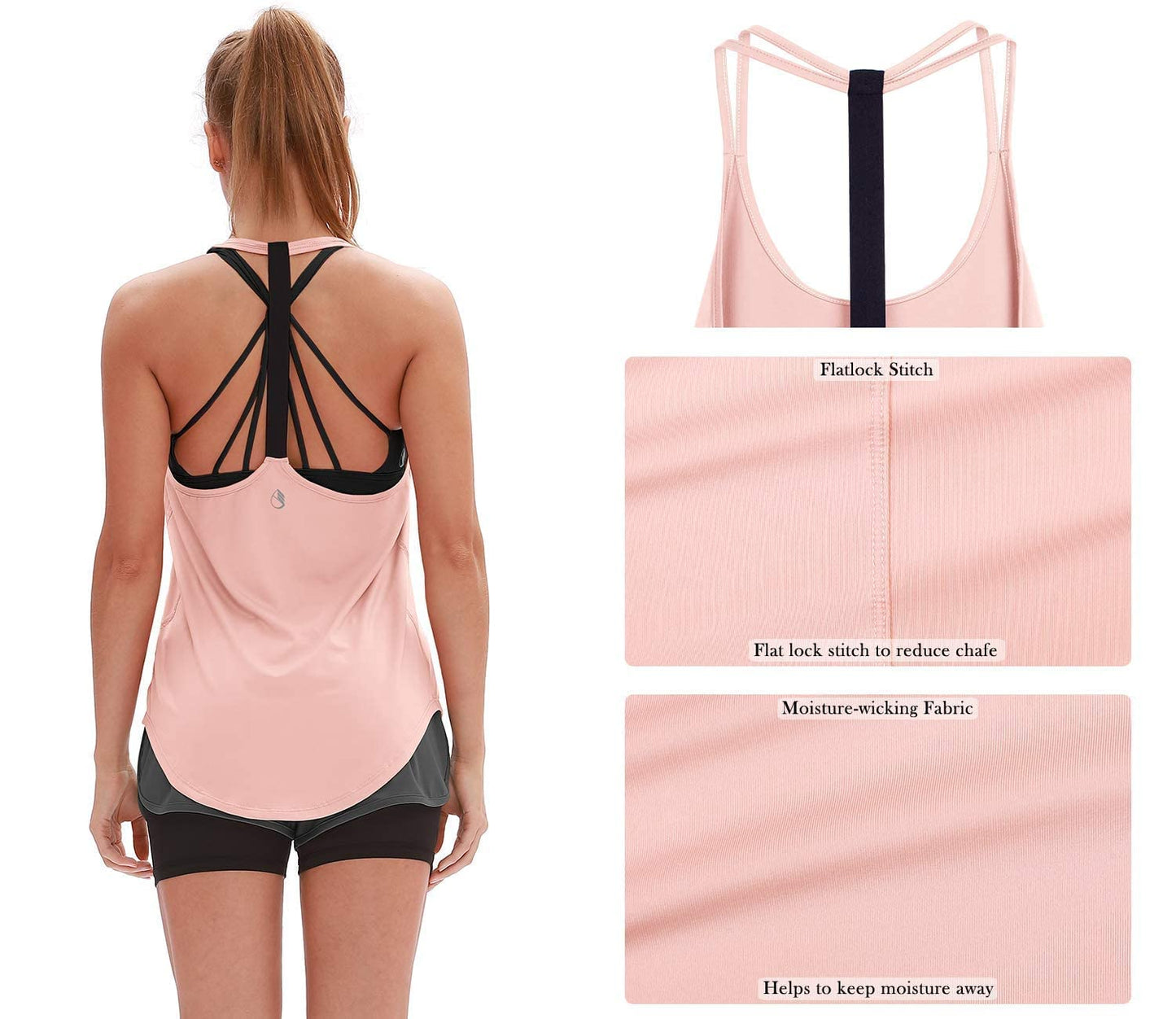 icyzone Workout Tank Tops for Women - Athletic Yoga Tops, T-Back Running Tank Top(Pack of 2) (S, Dusk Blue/Pale Blush)