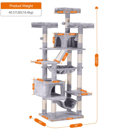 Heybly Cat Tree, 73 inches Tall Cat Tower for Large Cats 20 lbs Heavy Duty for Indoor Cats,Big Cat Furniture Condo for with Padded Plush Perch, Cozy Basket and Scratching Posts Light Gray HCT030W