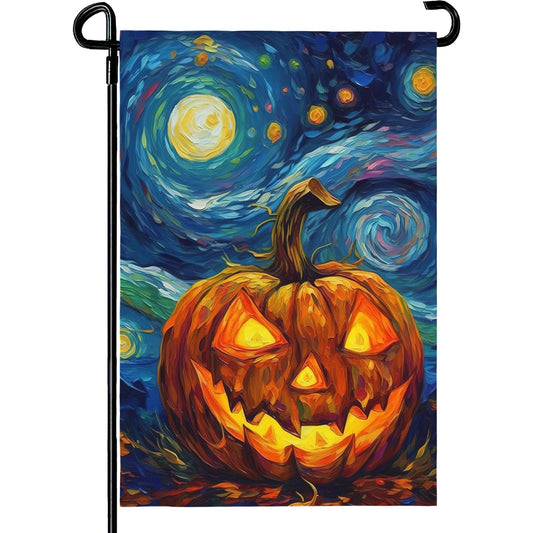 Dacawin Halloween Garden Flag Pumpkin Garden Flag Van Gogh Garden Flags Arts Starry Night Sky Moon Yard Flag Double Sided Fall Porch Patio Farmhouse Outdoor Yard Decorative 12 x 18 Inch