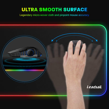 LeadsaiL RGB Gaming Mouse Pad, 15 Light Modes LED Soft Extra Extended Large Mousepad, Non-Slip Rubber Base Computer Keyboard Mouse Mat with Durable Stitched Edges- 31.5 X 12 Inch (RGB Black)