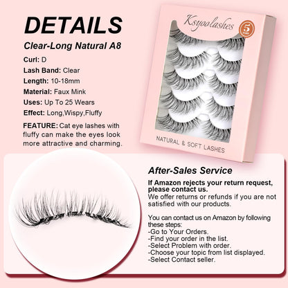 KSYOO Long Natural Lashes with Clear Band Lashes Wispy,10-18mm Cat Eye Lashes D Curl Strip Lashes That Look Like Extensions,3D Natural Fluffy Faux Mink False Eyelashes Natural Look