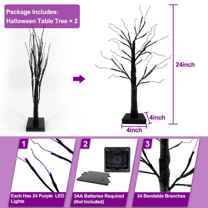2 Pack 24 Inch Purple Lighted Halloween Birches Tree Decor with Timer Total 48 LED Battery Operated Tabletop Artificial Black Spooky Tree Halloween Decorations for Indoor Home Holiday Party