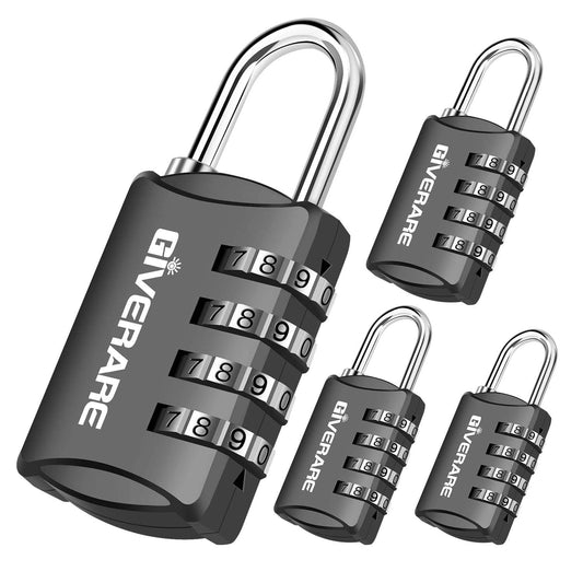 GIVERARE 4 Pack Combination Lock, 4-Digit Padlock Keyless, Resettable Luggage Locks for Backpack, Gym & School & Employee Locker, Weatherproof Travel Lock for Fence, Backyard Gate, Hasp, Case-Black