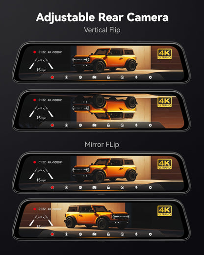 WOLFBOX G840S 12" 4K Mirror Dash Cam Backup Camera, 5.8GHz WiFi Smart Rearview Mirror for Cars & Trucks, Front and Rear View Dual Cameras, Night Vision, Parking Assistance, Included 32GB Card & GPS