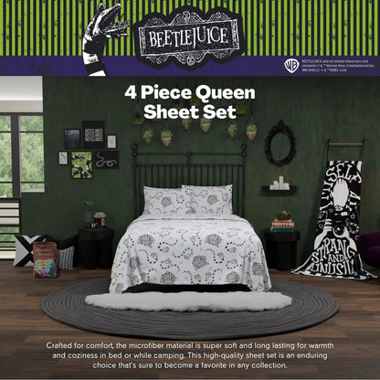 Franco Collectibles Beetlejuice Halloween Bedding Super Soft Microfiber Queen Sheet Set, College Dorm Essentials, (Officially Licensed Product)