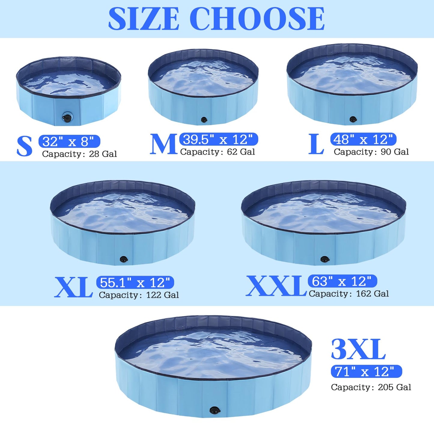 Foldable Dog Bath Swimming Pool Plastic Kiddie Pool Professional Tub Collapsible Grooming Bathtub for Pets Kids Baby and Toddler, 32 x 8 Inches Blue (Blue, S - 32'' x 8'')