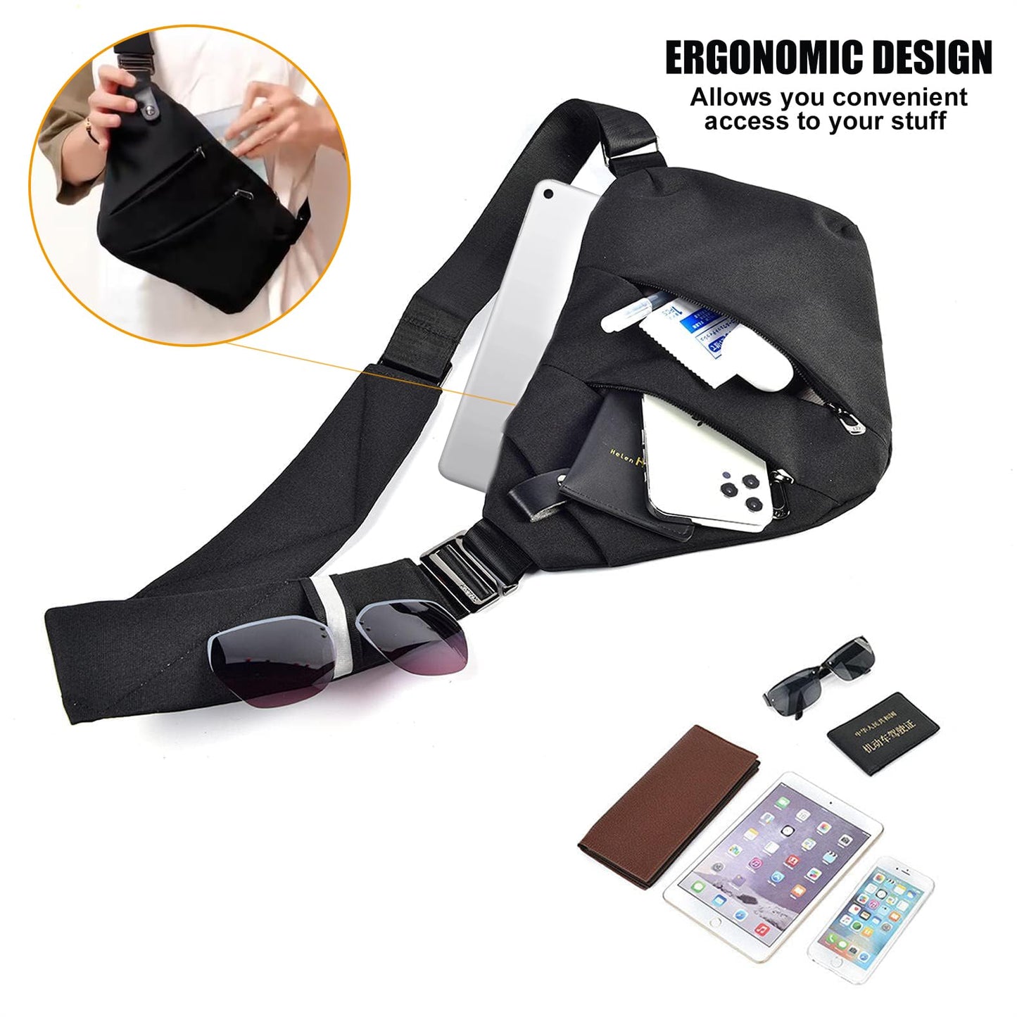 Fibrdoo Multi-pocket Chest Bag, Anti-Theft Shoulder Bag, Waterproof Sling Crossbody Bag, for Men Bicycle Hiking Jogging, Black