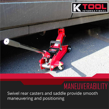 K Tool International 63103A 2 Ton Automotive Trolley Floor Jack for Garages, Repair Shops, and DIY, Portable, Compact, 4,000 lbs. Capacity, Hydraulic Lifting Range 5.125" - 13", Heavy Duty Steel, Red